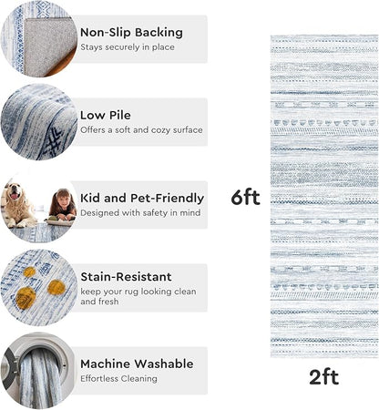 2x10 Runner Rug Machine Washable Non Slip Area Rug Distressed Neutral Moroccan Boho Rug Ultra Soft Floor Runners for Hallways for Entryway Laundry Room Kitchen, Blue