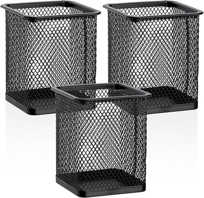 Segarty Square Pen Holder, 3 Pack Black Pen Holder for Desk, Metal Mesh Pencil Cup Container Desktop Accessories Organizer for Office, School, Home, Makeup Brush