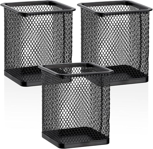 Segarty Square Pen Holder, 3 Pack Black Pen Holder for Desk, Metal Mesh Pencil Cup Container Desktop Accessories Organizer for Office, School, Home, Makeup Brush