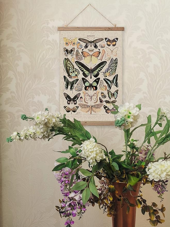 Vintage Butterflies Hanging Poster, Retro Style of Wall Art Prints, Printed on Linen with Wood Frames, Ready to Hang