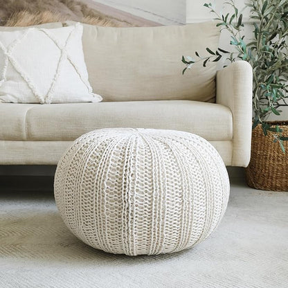 LR Home Beige Cableknit Round Cotton Ottoman for Home Décor | Hand-Made Farmhouse Foot Rest for Bedroom & Living Room Décor | 20 x 20 x 16 Stuffed Pouf for Seating