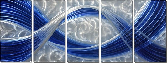 MyArton Metal Wall Sculpture, Aluminum Wall Art, Abstract Metal Wall Art, Dark Blue and Silver, 5-Panels 65" x 24" for Living Room, Bed Room, Dining Room, Kitchen, Office, Indoor and Outdoor