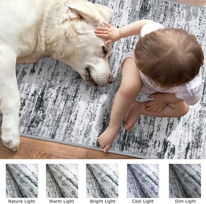 Modern Abstract Runner 2x5, Black Grey White Washable Kitchen Entryway Rug Mat Non-Slip Soft Hallway Rug Runner Thin Print Faux Wool Carpet for Bedroom Laundry Room Indoor Home Decor