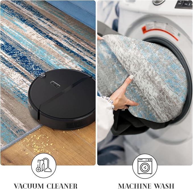 Modern Abstract Runner Rug 2.6x12, Blue Washable Long Kitchen Runner Non-Slip Soft Hallway Rug Runner Thin Print Faux Wool Carpet for Entryway Bedroom Laundry Room Indoor Home Decor