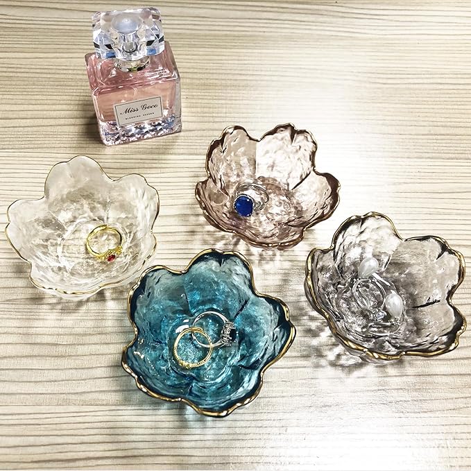 Small Jewelry Dish Tray, Flower Ring Holder, Nightstand Decor Glass Trinket Plate, Crystal Jewlery Bowl for Earrings, Engagement Gifts (Pink)