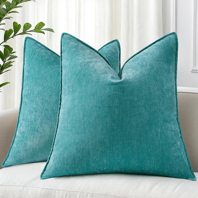 decorUhome Spring Couch Throw Pillow Covers 16x16 Set of 2, Decorative Soft Velvet Neutral Chenille Pillow Covers with Elegant Design for Sofa Bed Living Room Home Decor, Teal