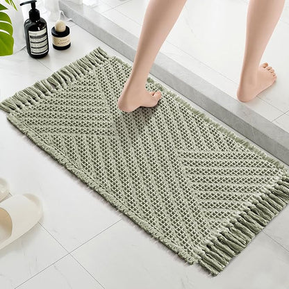 H.VERSAILTEX Waffle Bath Mat Super Absorbent Boho Bath Mat Non Slip Bath Rugs for Bathroom Floor Machine Washable Dry Fast Bathroom Rugs with Handmade Tassels, 17" x 24", Sage