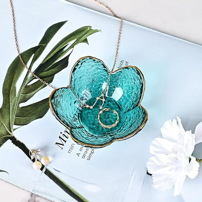 Koythin 3-Piece Glass Jewelry Tray, Small Trinket Holder for Necklace Bracelet Earring, Ring Holder for Bathroom, Aesthetic Trinket Dish, Flower Nightstand Decor for Girl Mom Women (Green)