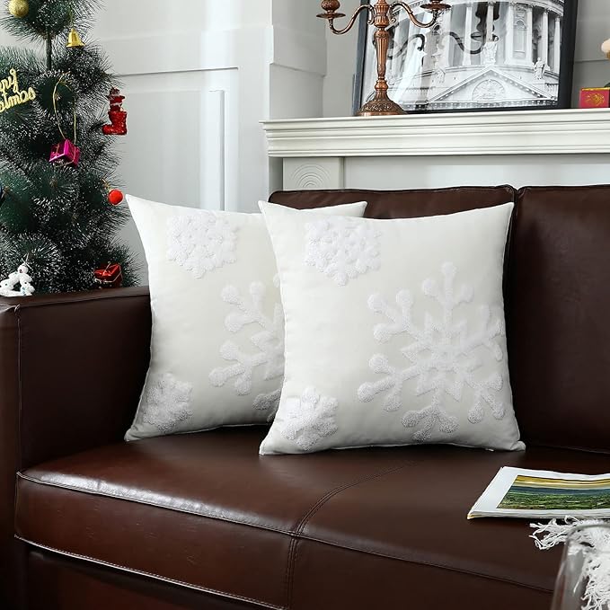 mixeoo Ivory White Winter Decorative Throw Pillow Covers Snowflake Embroidered Soft Thick Durable Square Solid Cushion Cases for Sofa, Pack of 2, 18 x 18 Inch