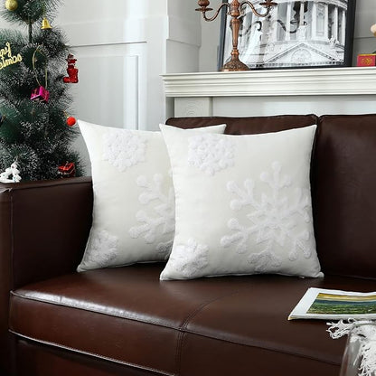 mixeoo Ivory White Winter Decorative Throw Pillow Covers Snowflake Embroidered Soft Thick Durable Square Solid Cushion Cases for Sofa, Pack of 2, 18 x 18 Inch