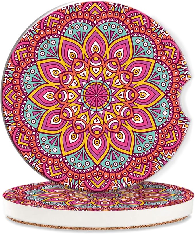 Boho Mandala Car Coasters for Women 2 Pack,Vintage Flower Ottoman Absorbent Car Coasters for Cup Holders Insert Ceramic Anti Slip with Finger Notch & Cork Base Auto Accessories Gifts