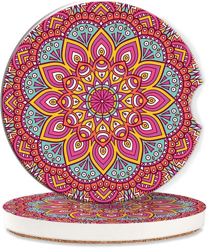 Boho Mandala Car Coasters for Women 2 Pack,Vintage Flower Ottoman Absorbent Car Coasters for Cup Holders Insert Ceramic Anti Slip with Finger Notch & Cork Base Auto Accessories Gifts