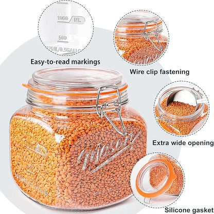 2 Pack Half Gallon Mason Jar with Hinged Lid, Wide Mouth Glass Canisters for Food Storage, Cookie, Flour, Candy, Coffee, Pickle - 64 Oz Glass Jar with Lid - 2 Scale Marks & Vintage Mason Jars
