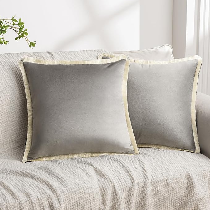 Phantoscope Pack of 2 Velvet Decorative Throw Pillow Covers, Double-Sided Tassel Trimmed Design, Soft Luxury Velvet Pillows Square Cushion Case for Couch Sofa Bed, Grey, 18 x 18 inches 45 x 45 cm
