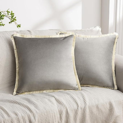 Phantoscope Pack of 2 Velvet Decorative Throw Pillow Covers, Double-Sided Tassel Trimmed Design, Soft Luxury Velvet Pillows Square Cushion Case for Couch Sofa Bed, Grey, 18 x 18 inches 45 x 45 cm