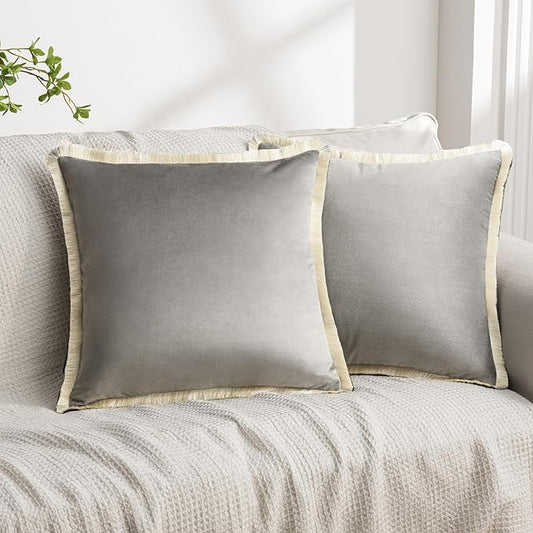 Phantoscope Pack of 2 Velvet Decorative Throw Pillow Covers, Double-Sided Tassel Trimmed Design, Soft Luxury Velvet Pillows Square Cushion Case for Couch Sofa Bed, Grey, 18 x 18 inches 45 x 45 cm