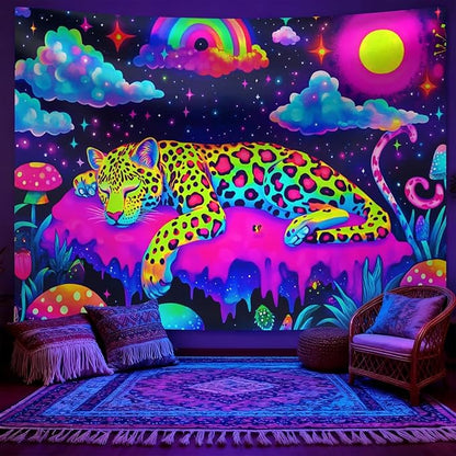 seewan Black Light Sleeping Leopard Tapestry, Glow-in-the-Dark UV Neon Rainbow Clouds and Stars Wall Hanging, Psychedelic Animal Art Tapestry, Bedroom Dorm Living Room Background Decor