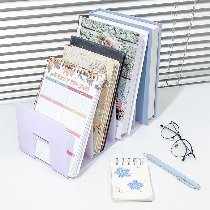 BAYTORY 2Pcs Acrylic File Holder Purse Organizer, Sturdy Desktop File Sorter Organizer, Binder Shelf for Office Desk Kitchen Shelf Closet (Purple)