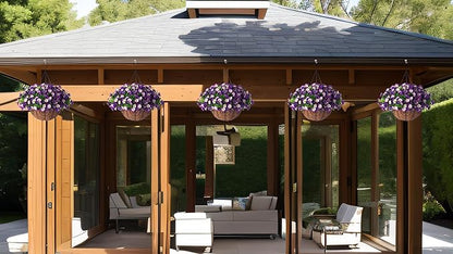 Artificial Hanging Flowers 12 inch Basket, Faux Silk Petunias Flower Arrangement,Coconut Lining Pot Planter with Morning Glories Patio Garden Porch Deck Spring Summer Decor(Purple Edge)