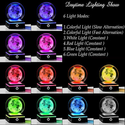 Qianwei 3D Moon Model Crystal Ball Led Lamp Base - Space Decor World Globe Planets Sphere Night Light 80mm 3.15 Inch - Solar System Decor Best Birthday Astronomy Gifts for Men Physics Science Teacher