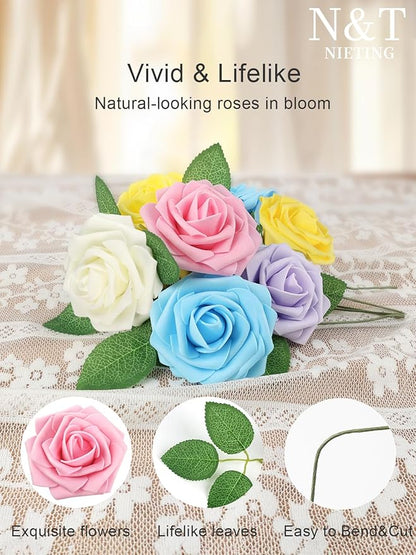 N&T NIETING Artificial Flowers, Fake Flowers Roses Perfect for DIY Wedding Bridal Bouquets Centerpieces Bridal Shower Party Home Flower Arrangement Flowers Decorations, 25Pcs, Series Color B