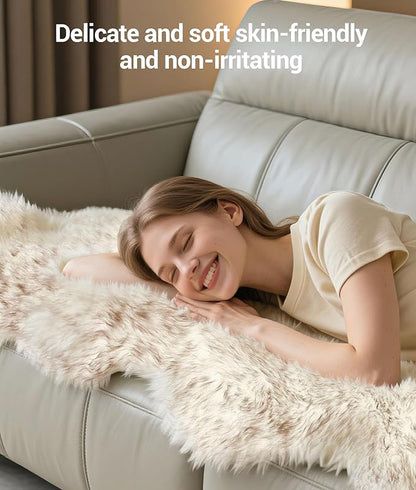 DPB Genuine Sheepskin Throw Rug, New Zealand 100% Natural Luxury Fluffy Lambskin Fur Area Rug for Sofa Chair Seat Cove Living Room Bedroom (Wolf Brown Tips, 2x3Ft)
