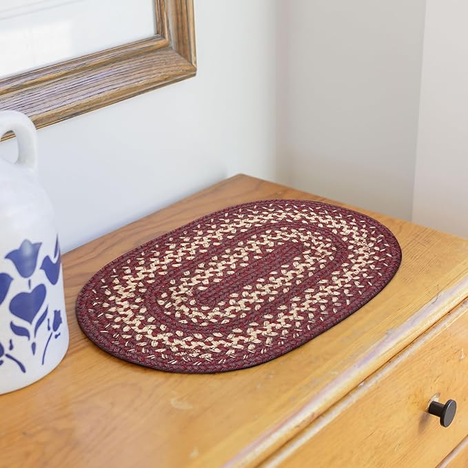 Homespice Autumn Maple Jute Braided Placemats Set of 4-10x15, Oval, Burgundy and Tan - Vibrant Colors, Durable, Easy to Clean and Protects Furniture