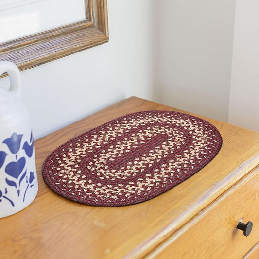 Homespice Autumn Maple Jute Braided Placemats Set of 4-10x15, Oval, Burgundy and Tan - Vibrant Colors, Durable, Easy to Clean and Protects Furniture