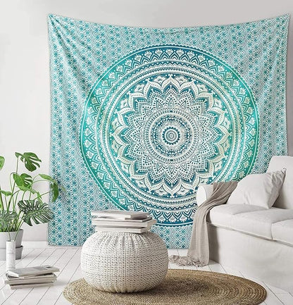 raajsee Large Green Ombre Mandala Tapestry Wall Hanging,Indian Cotton Beach Throw Blanket Hippie Queen Boho Décor,Meditation Yoga Mat Rugs,82x92 Inches