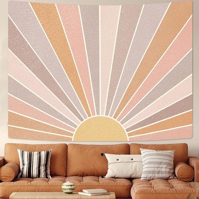 Kanuyee Boho Sun Tapestry Wall Hanging, Retro 70s Abstract Rainbow Aesthetic Sunrise Vintage Tapestries for Bedroom Living Room 36×48 inch