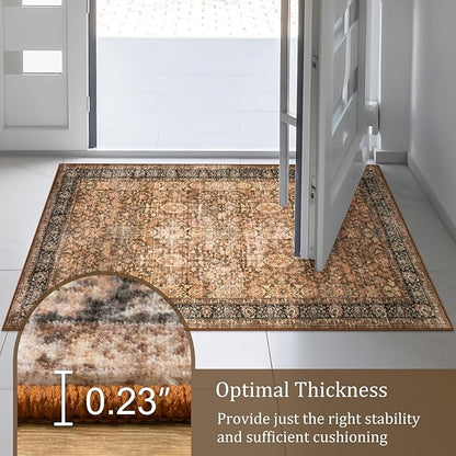 Morebes Vintage Machine Washable Area Rugs, Boho 3x5 Rug for Entryway, Soft Low-Pile Distressed Dorm Rug Indoor Floral Print Throw Carpet for Bedside Kitchen Foyer Playroom, Dark Brown
