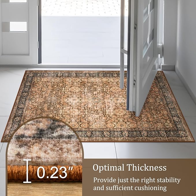Morebes Area Rug 4x6 Vintage Washable Boho Rugs for Bedroom, Soft Living Room Carpet Non-Slip Non-Shedding Faux Wool Rug for Farmhouse Dining Room Indoor Kids Playroom, Dark Brown