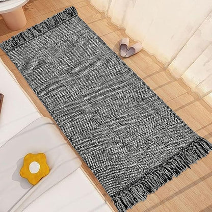 Collive Kitchen Runner Rug, 2' x 4.3' Cotton Hand-Woven Reversible Washable Rug, Black Bathroom Rugs Modern Farmhouse Hallway Carpet for Foyer Bedroom Entry Back Door Decor