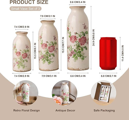 Vintage Vase Set of 3, Ceramic Vintage Flower Vases, Decorative Home Decor Retro Floral Vase Rustic Farmhouse Decor for Table Bookshelf Mantel Kitchen Living Room Office - Pink Flower
