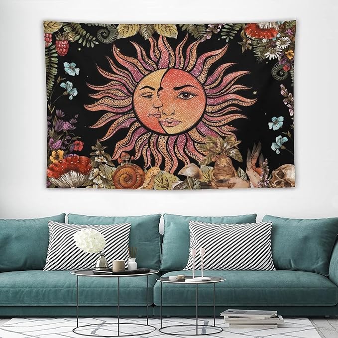 Vintage Sun Tapestry,Boho Hippie Mushroom Plant Botanical Sun and Moon Art Tapestries Wall Hanging for Dorm Living Room Bedroom Decor(60"x90")