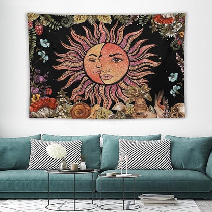 Vintage Sun Tapestry,Boho Hippie Mushroom Plant Botanical Sun and Moon Art Tapestries Wall Hanging for Dorm Living Room Bedroom Decor(60"x90")