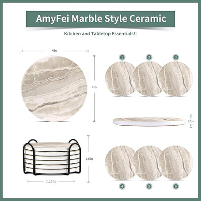 Marble Coasters for Coffee Table, Set of 6 with Holder, Ink&Wash Painting on White Absorbent Ceramic, 4 Inches