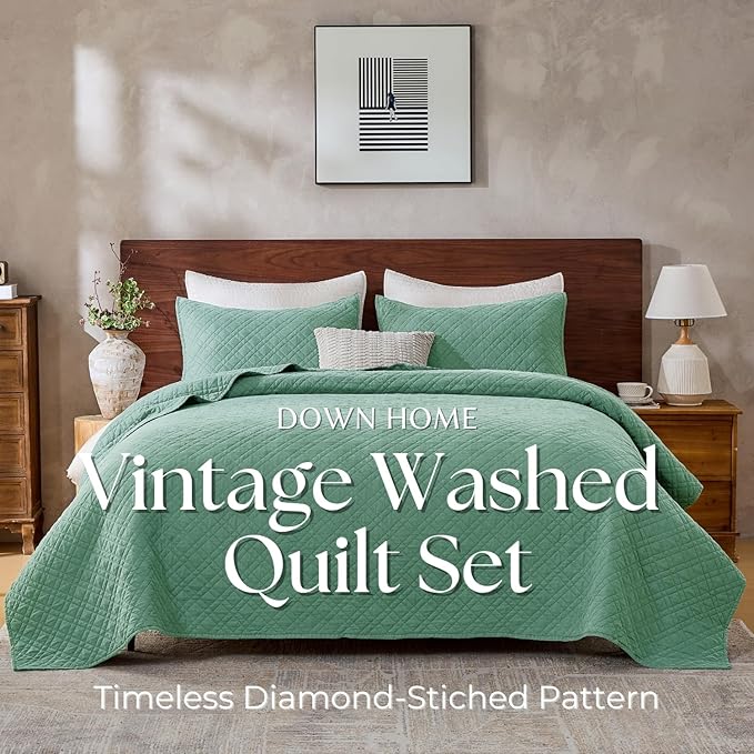 DOWN HOME Twin Quilt Set with Sham Lightweight Quilted Bedspread Coverlet Thin Comforter Bed Cover Vintage Washed Quilted Blanket for All Season, Brushed Microfiber Diamond Stitching, Green, 66"x92"