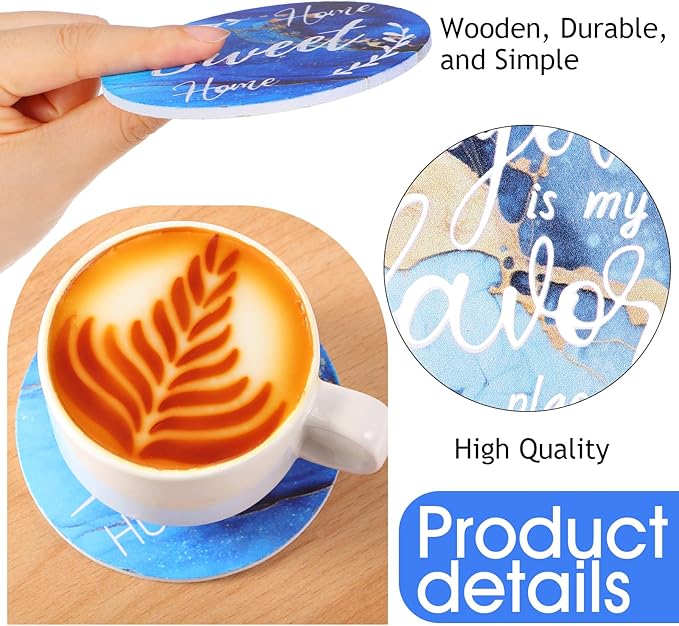Queekay Coasters Set of 6 House Warming Gifts New Home Wooden Farmhouse Drink Coasters with Holder 4'' Funny Decoration for Kitchen Family Coffee Bar Tabletop Protection(Gilded Blue)