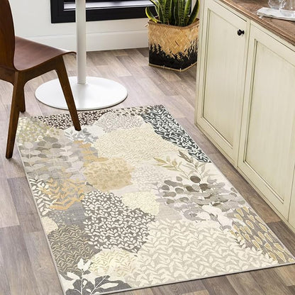 DEXDE 2x3 Area Rug, Small Boho Rugs Entryway Doormat Indoor Machine Washable Non-Slip Abstract Botanical Leaves Floral Print Floor Carpet for Living Room Bedroom Office Playroom, Gray