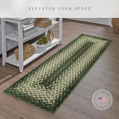 Maples Rugs Marion Bohemian Braided Design Print Runner Rug – Made in USA – Washable, Non Slip Indoor Long Carpet for Hallway, Kitchen, and Laundry Room, 2' x 8', Green