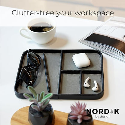 Nordik Leather Valet Tray - Pebble Black - 9.5 x 7.9 Inch Medium Vegan Leather Tray - Stylish Nightstand Organizer for Men - Modern Bedside Caddy - EDC Catchall for Key Watch Wallet Jewellery