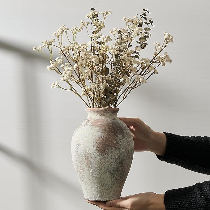 SIDUCAL Ceramic Vintage Flower Vase | 9 Inch Large Pottery Rustic Farmhouse Boho Vase for Home Decor, Table, Living Room, Bathroom, Coffee Desk, Shelf, Mantel Decoration, Wedding, Terra