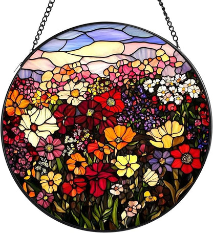 Flowerbed Stained Glass Window Hanging, 7.8" Round Sun Catcher Hand Painted Wall Art Decor with Chain, Unique Housewarming Gifts for Couples, Home