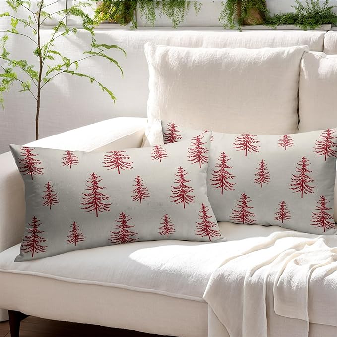 Christmas Tree Lumbar Pillow Covers 12x20 Set of 2 Red Xmas Vintage Winter Print Decorative Outdoor Linen Throw Pillows Cases Cushion Cover Rustic Holiday Decoration Farmhouse Sofa Couch Bed Decor