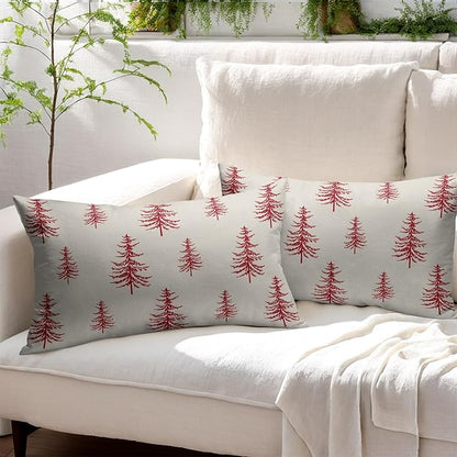 Christmas Tree Lumbar Pillow Covers 12x20 Set of 2 Red Xmas Vintage Winter Print Decorative Outdoor Linen Throw Pillows Cases Cushion Cover Rustic Holiday Decoration Farmhouse Sofa Couch Bed Decor