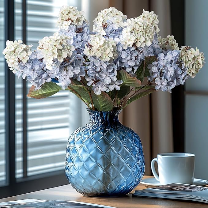 Hydrangea Artificial Flowers,Fall Hydrangeas Artificial Flowers,Blue Fake Fall Dried Hydrangea Flowers Decoration,Faux Silk Flower with Stems Winter Decor(Blue 24" 8pcs) Without Vase