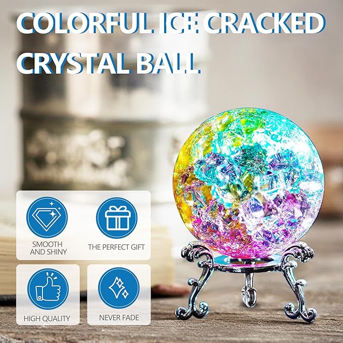 ZEERSHEE 60mm Colorful Ice Cracked Crystal Ball with Stand Decorative Glass Ball Paperweight for Home Wedding Office Christmas Decor