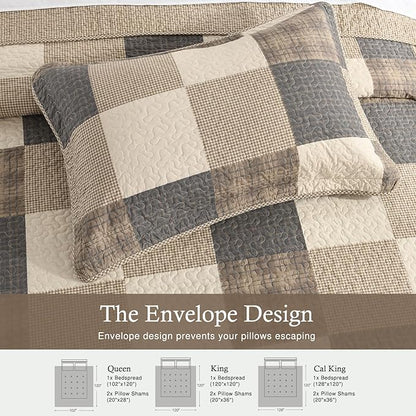 Farmhouse Bedspreads Queen Size 102"x120" - 100% Cotton Lightweight Oversized Queen Quilt with 2 Pillowshams, Printed Plaid Quilted Bedding Coverlet for All Season, Charcoal/Beige/Brown