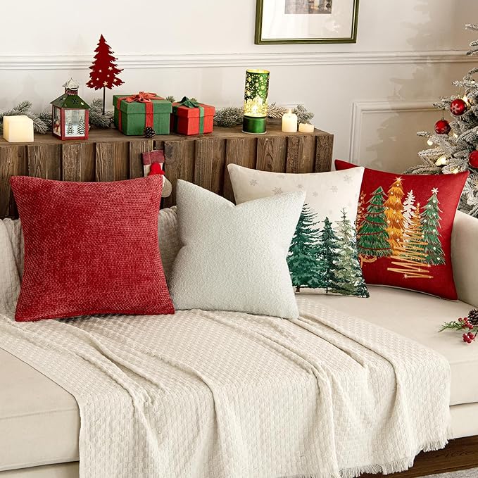 MIULEE 18x18 Inch Christmas Decorative Pillow Covers for Couch Bed Set of 2 Textured Boucle Neutral Winter Throw Pillows Red Accent Solid Cushion Pillowcases Sofa Livingroom Home Decor